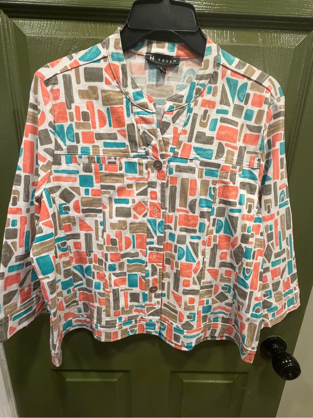 Coral & Teal Geometric Button-Front Shirt Jacket